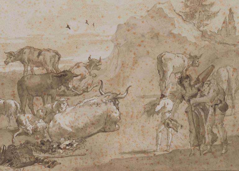 Sheep and Cows,Schapen en koeien,Giovanni Domenico Tiepolo,Koperplaatetsing,Koperplaatetsing, bruin thema