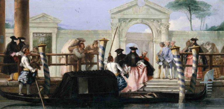 The Departure of the Gondola,Gondolens afgang,Giovanni Domenico Tiepolo,Oliemaleri,Oliemaleri, kunstparodi