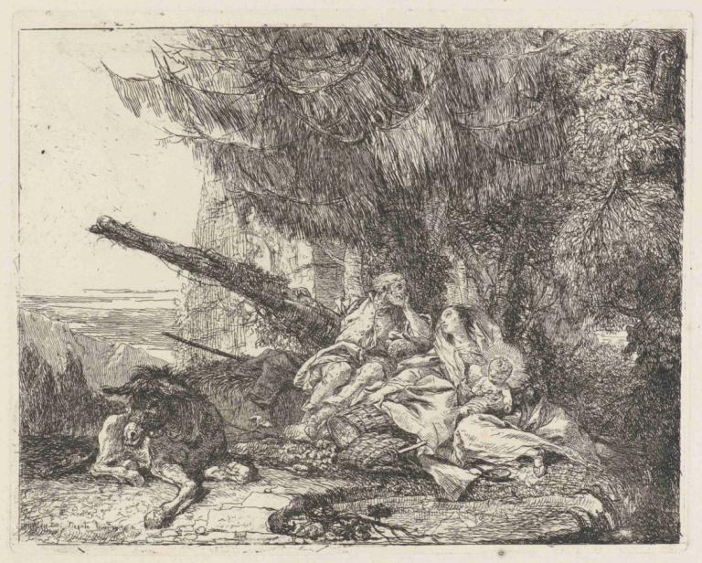 The Rest on the Flight,Restul pe zbor,Giovanni Domenico Tiepolo,Gravura din cupru,Gravura din cupru, monocrom