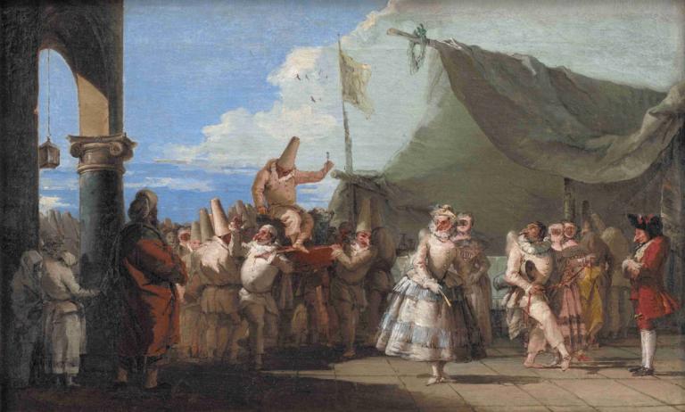 The Triumph of Pulcinella,普尔西内拉的胜利,Giovanni Domenico Tiepolo,乔瓦尼-多梅尼科-蒂埃波罗,油画,油画, 美术模仿, 天空, 天, 云, 户外, 多个男孩