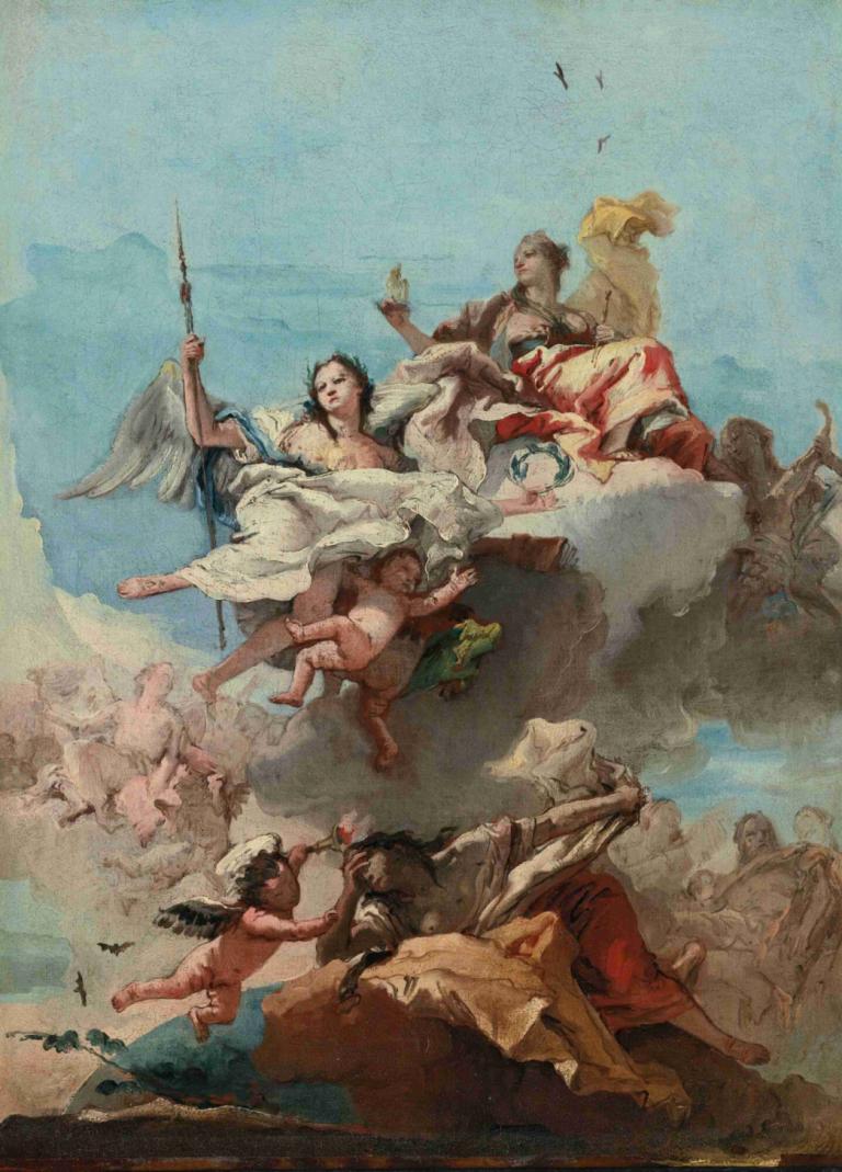 Triumph Of Virtue,美德的胜利,Giovanni Domenico Tiepolo,乔瓦尼-多梅尼科-蒂埃波罗,油画,油画, 美术模仿, 武器, 长柄武器, 矛, 多个男孩, 翅膀, 6+男孩, 鸟