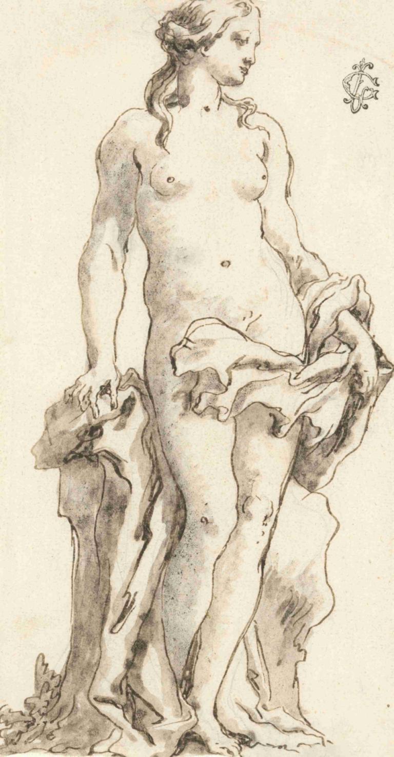 Venus,维纳斯,Giovanni Domenico Tiepolo,乔瓦尼-多梅尼科-蒂埃波罗,素描,素描, 1个女孩, 独奏, 单色, 乳房, 乳头, 裸体, 小乳房, 传统媒体, 脐, 常设, 赤脚, 女性阴毛