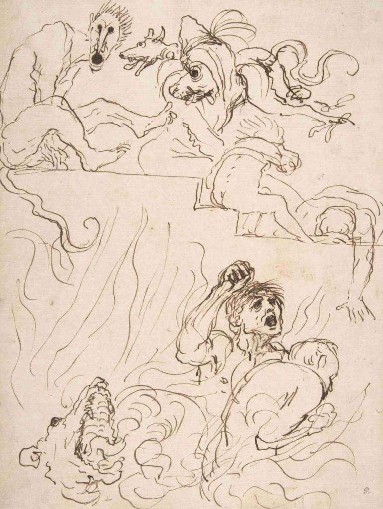 A Diablerie,Guercino,Sketch,Sketch, monochrome, sketch, traditional media, monster, open mouth, tentacles