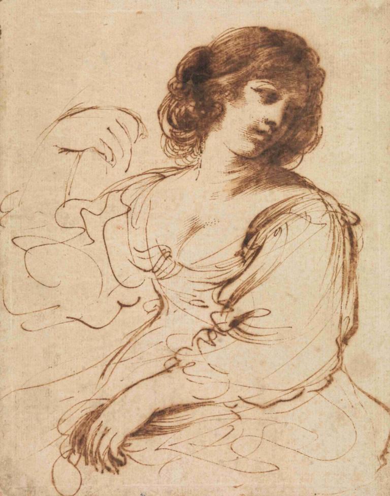 A Seated Young Woman Looking Over Her Shoulder,Guercino,Sketch,Sketch, 1girl, solo, breasts, monochrome