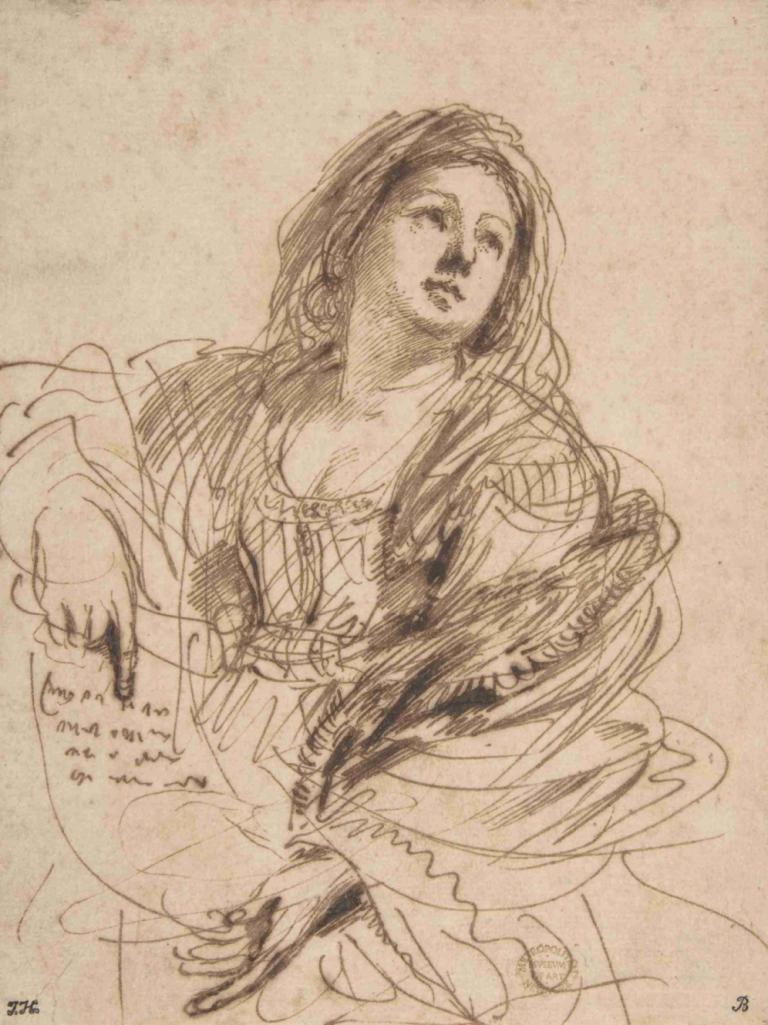 A Sibyl Holding a Scroll (Study for the Cimmerian Sibyl),巻物を持つシビュール (シメリアン・シビュールの習作),Guercino,ゲルチーノ,スケッチ,スケッチ