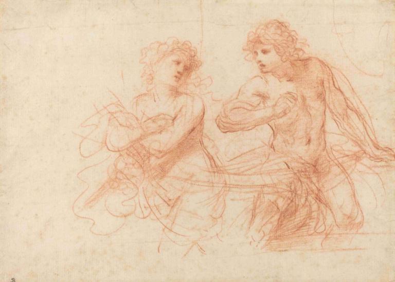 Amnon and Tamar,Guercino,Sketch,Sketch, sketch, 1girl, monochrome, 1boy, nude, traditional media, dress