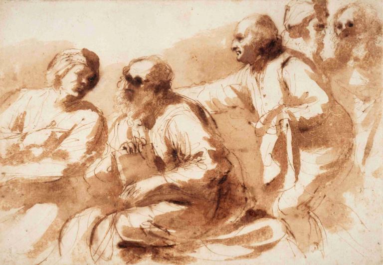 An Assembly of Learned Men,Guercino,Sketch,Sketch, multiple boys, monochrome, sepia, bald, old, brown theme