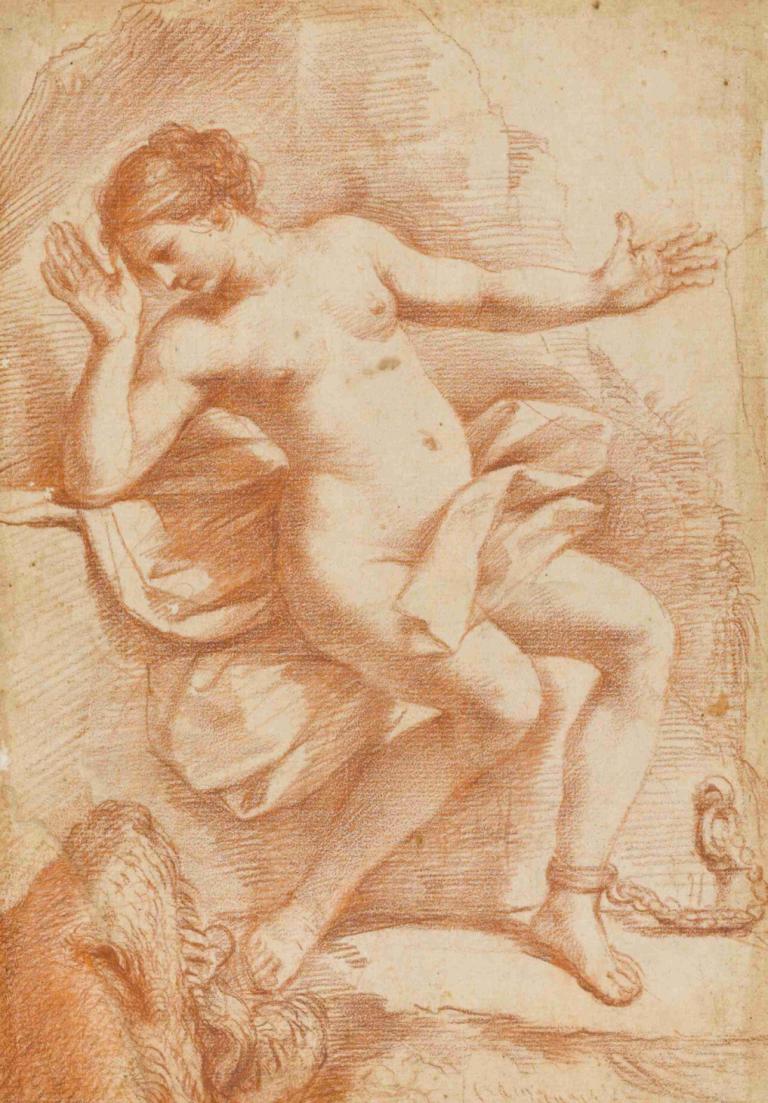 Andromeda Chained To A Rock, Threatened By A Sea Monster,Guercino,Sketch,Sketch, 1girl, nude, solo, nipples