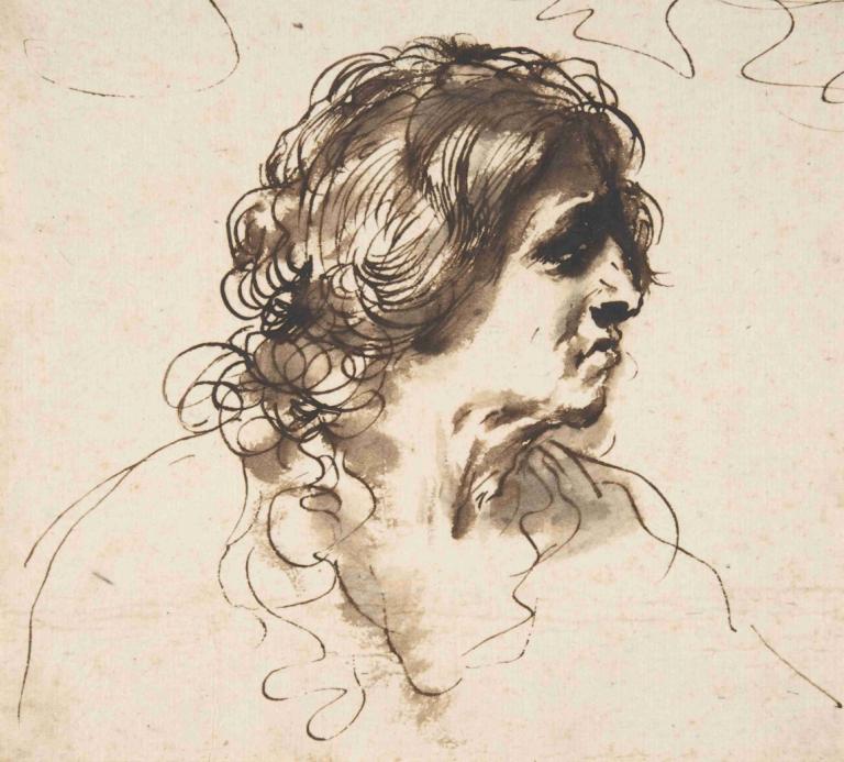 Bust of a Man Facing Right,右向きの男性の胸像,Guercino,ゲルチーノ,スケッチ,スケッチ, ソロ, 男の子1名, 男性の焦点, モノクロ, 従来のメディア, 顔の毛, スケッチ