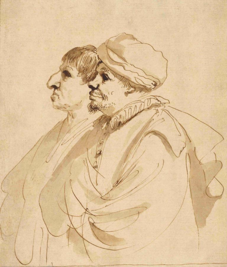 Caricature of Two Men Seen in Profile,Guercino,Sketch,Sketch, monochrome, male focus, hat, 1boy, facial hair