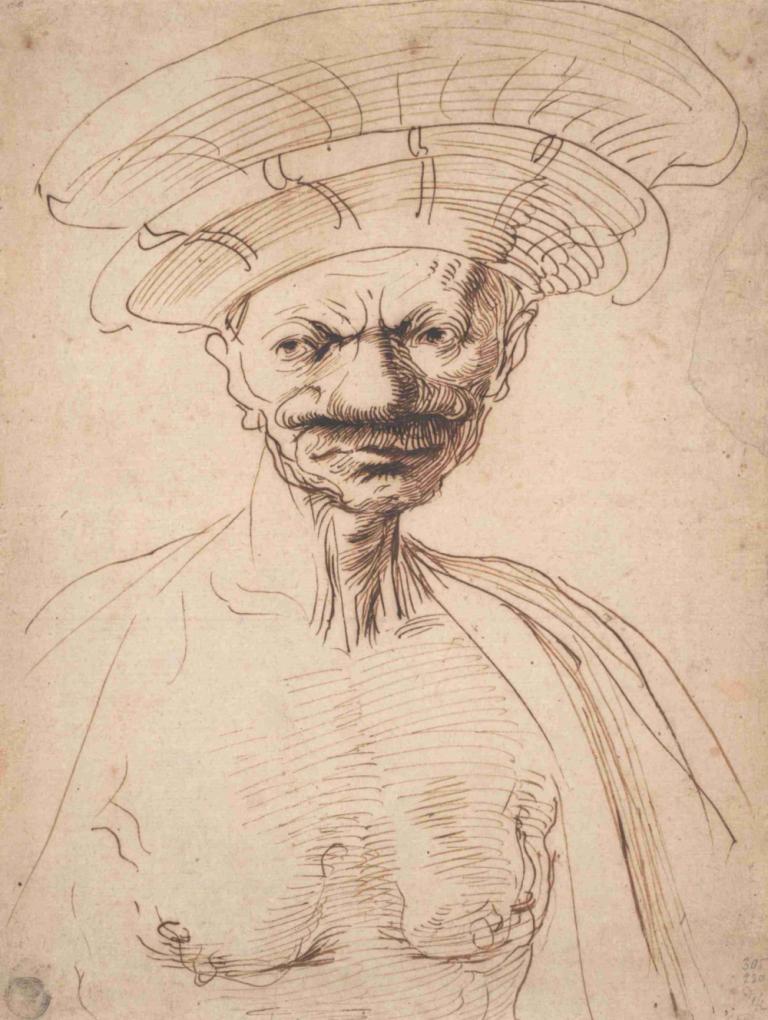 Caricature of a Man Wearing a Large Hat,Guercino,Sketch,Sketch, male focus, 1boy, solo, traditional media