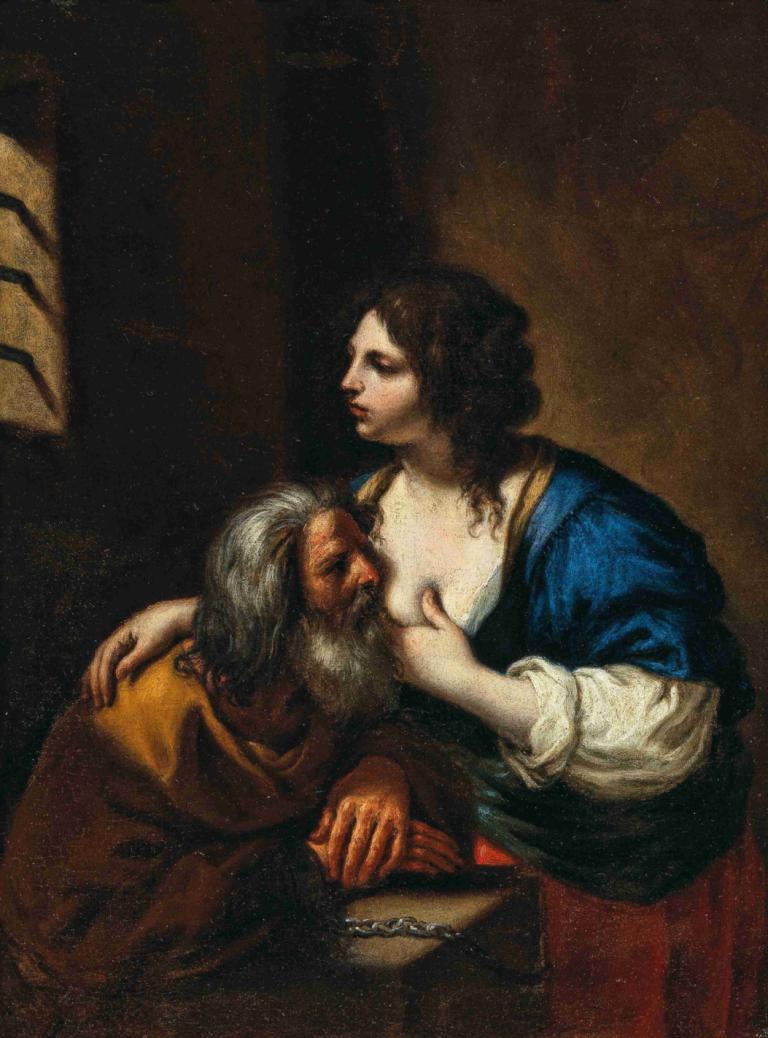 Caritas Romana,Guercino,Olieverf,Olieverf, parodie op beeldende kunst, gezichtshaar, baard, 1meisje, 1 jongen