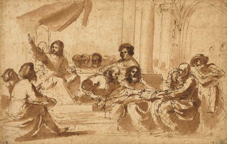 Christ Preaching in the Temple,Guercino,Sketch,Sketch, multiple boys, multiple girls, monochrome, sepia