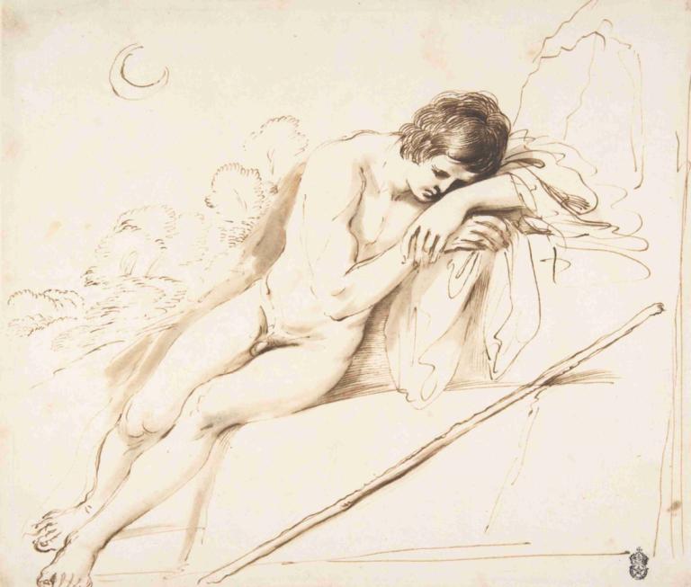 Endymion Sleeping,Guercino,Sketch,Sketch, solo, 1girl, nude, monochrome, moon, barefoot, crescent moon, sepia