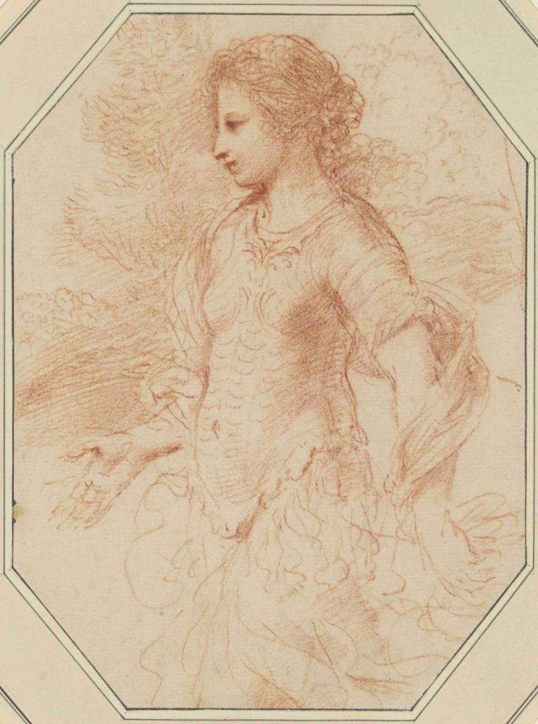 Erminia,Guercino,Sketch,Sketch, 1girl, solo, dress, monochrome, jewelry, traditional media, sepia, sketch