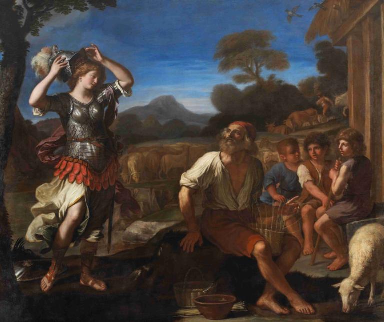 Erminia and the Shepherds,Guercino,Oil Painting,Oil Painting, fine art parody, multiple boys, tree, barefoot