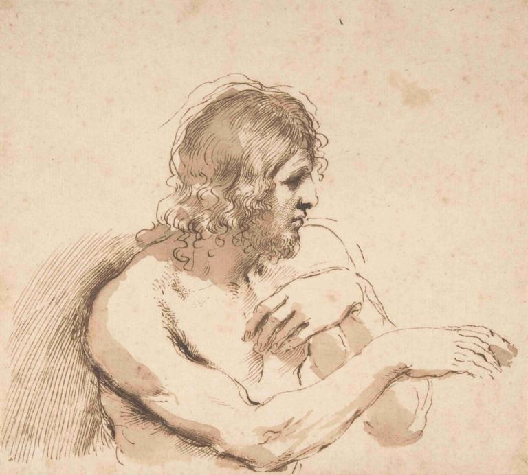 Half-Figure of a Nude Man Facing Right,오른쪽을 바라보는 누드 남성의 반신상,Guercino,스케치,스케치, 1남, 독주, 남성 집중, 얼굴 털, 수염, 날개