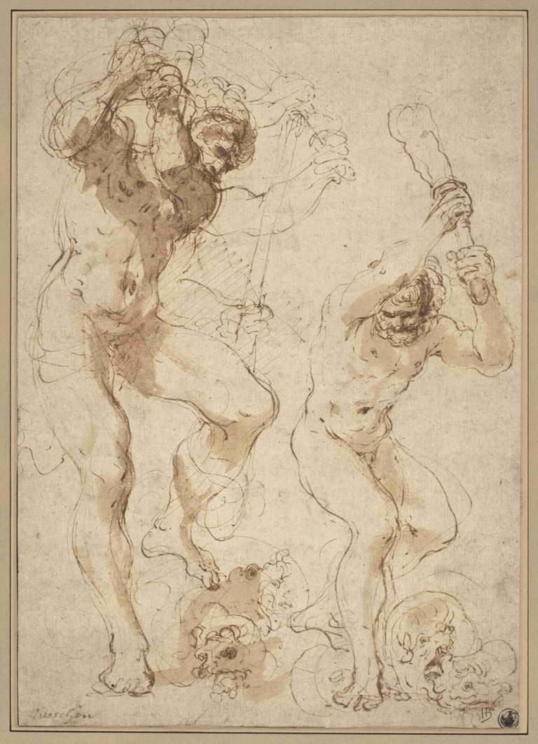 Hercules Slaying the Hydra,히드라를 처치하는 헤라클레스,Guercino,스케치,스케치, 나체상, 단색화, 여러 소년, 스케치, 미술 패러디, 수염, 남성 집중, 얼굴 털