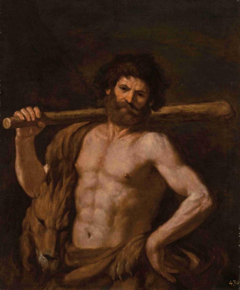 Hercules,Guercino,Oil Painting,Oil Painting, 1boy, male focus, solo, holding, facial hair, navel