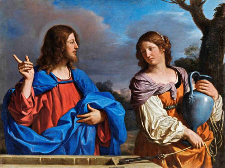 Jesús Y La Samaritana En El Pozo,イエスと井戸のサマリアの女,Guercino,ゲルチーノ,油絵,油絵, 美術パロディ, パロディー, 茶髪, 木, 偽の伝統的なメディア