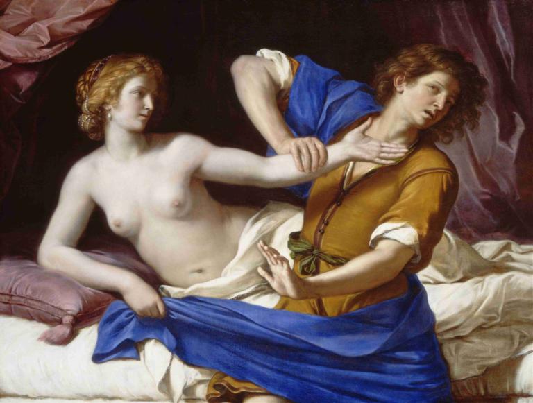 Joseph and Potiphar's Wife,Guercino,Oil Painting,Oil Painting, fine art parody, 1girl, breasts, parody