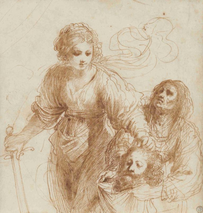 Judith with the Head of Holofernes,홀로페르네스의 수장 주디스,Guercino,스케치,스케치, 무기, 검, 단색화, 무기를 들고, 보유, 칼을 들고, 갈색 테마