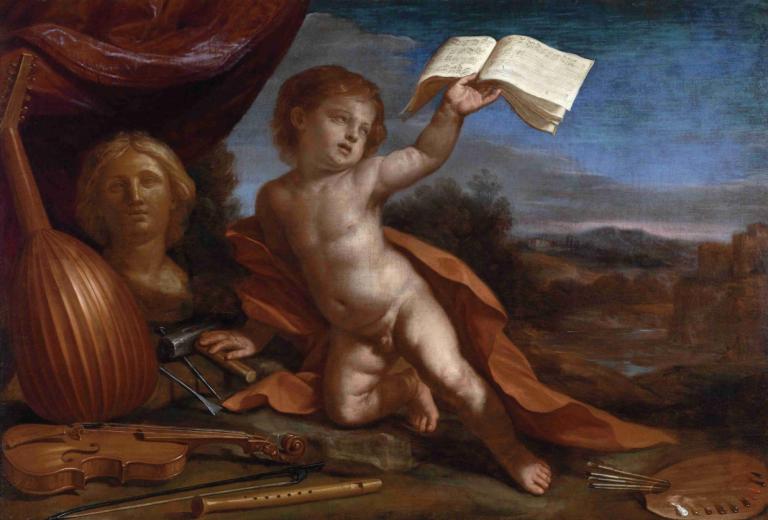 L'amore virtuoso,Guercino,Oil Painting,Oil Painting, fine art parody, instrument, 1boy, male focus, nude