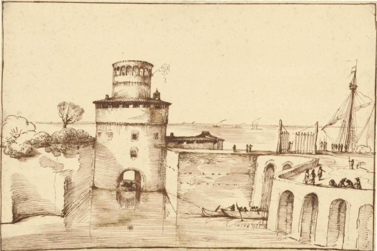 Landscape with a View of a Fortified Port,요새화된 항구가 보이는 풍경,Guercino,동판 에칭,동판 에칭, 선박, 단색화, 보트, 배, 인간은 없어, 옥외