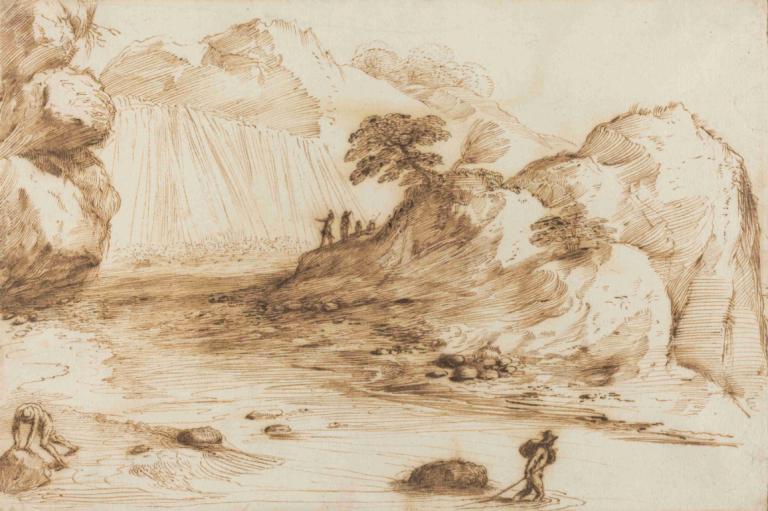 Landscape with a Waterfall,Paisaje con cascada,Guercino,Bosquejo,Bosquejo, monocromo, árbol, agua, cascada