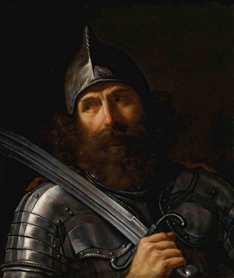 Mars,Guercino,Oil Painting,Oil Painting, armor, weapon, 1boy, sword, solo, male focus, facial hair, holding