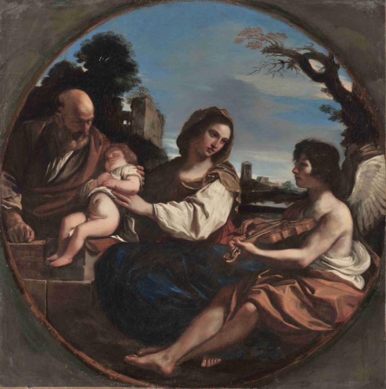 Rest on the Flight into Egypt,Guercino,Oil Painting,Oil Painting, fine art parody, multiple boys, instrument