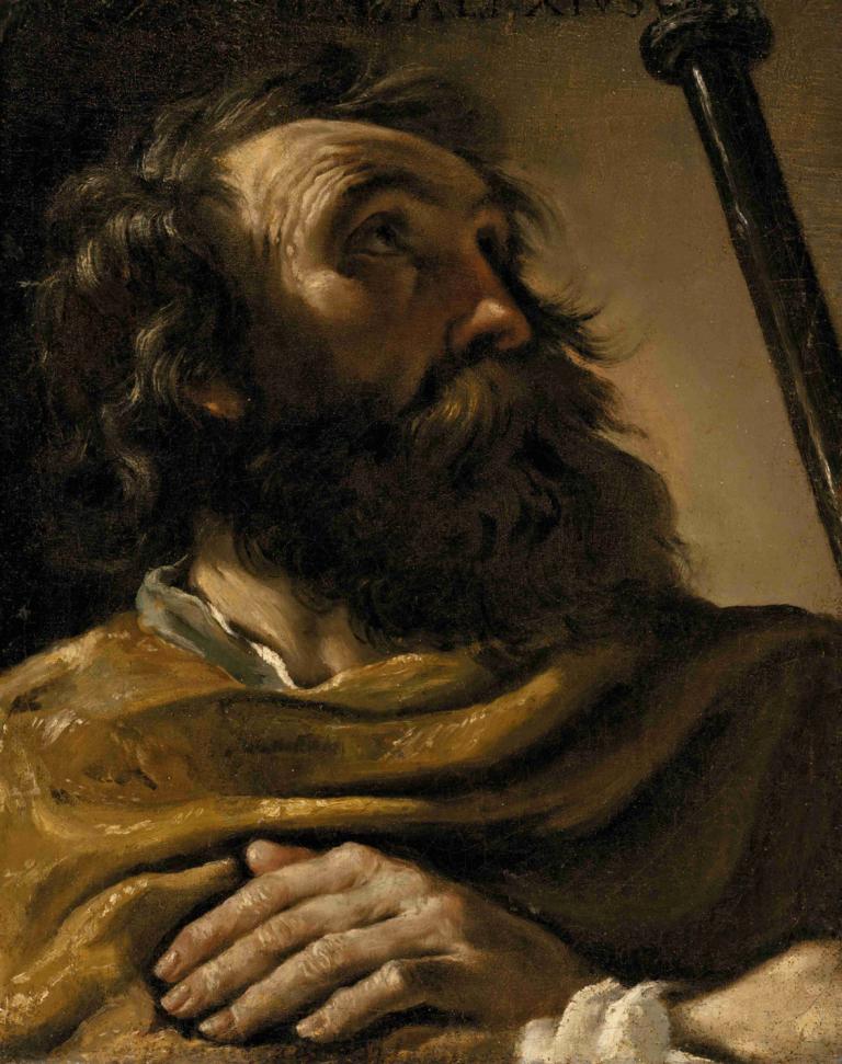 Saint Alexius In A Brown Wrap, Holding A Staff,Guercino,Oil Painting,Oil Painting, 1boy, solo, male focus