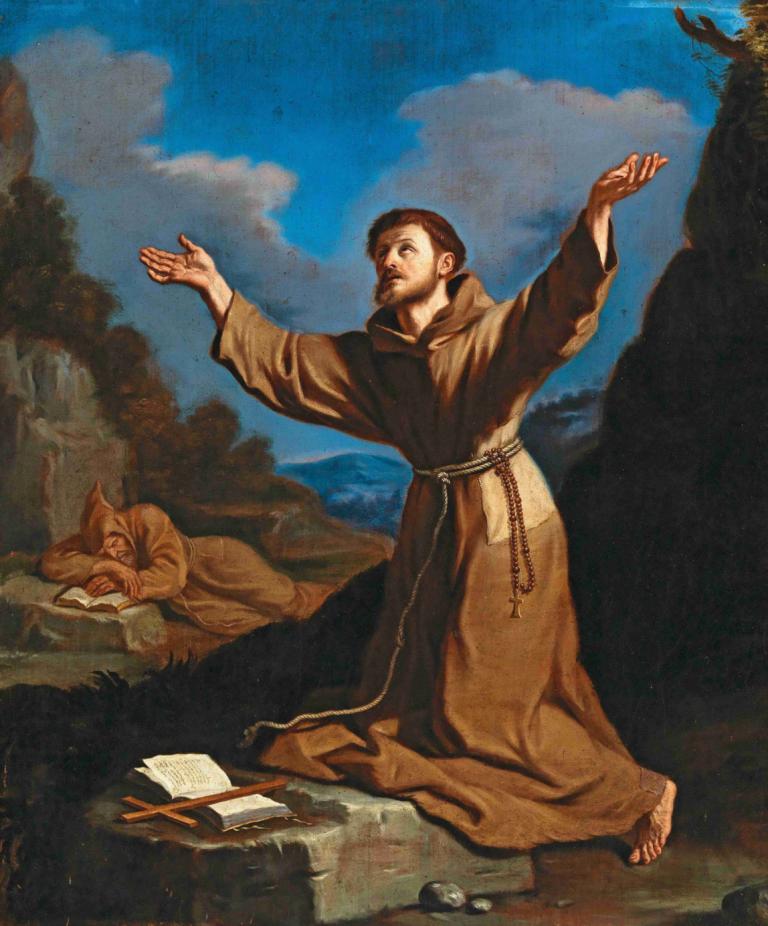 Saint Francis receiving the Stigmata,낙인을 받는 성 프란치스코,Guercino,오일 페인팅,오일 페인팅, 미술 패러디, 남성 집중, 맨발, 옷, 1남, 책, 옥외