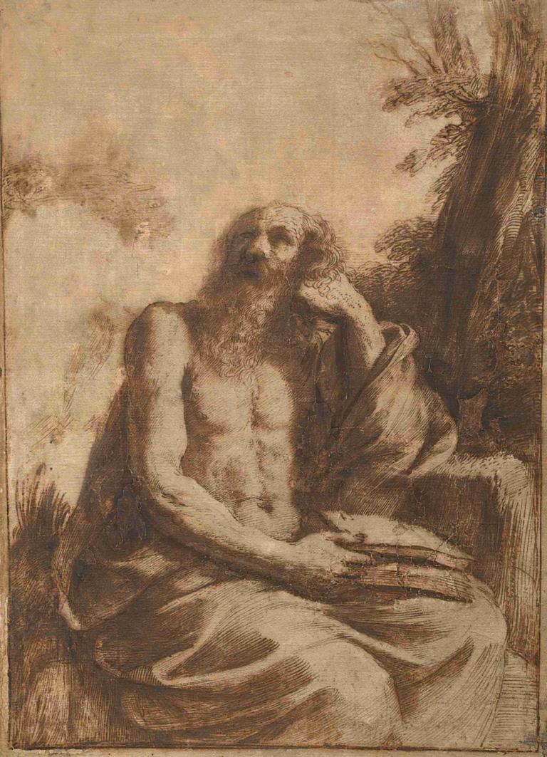 Saint Jérôme,Heilige Jeroen,Guercino,Koperplaatetsing,Koperplaatetsing, sepia, monochroom, boom, 1 jongen