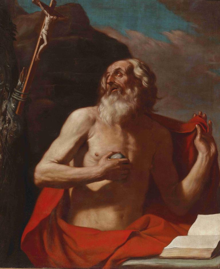 Saint Jerome,Heiliger Hieronymus,Guercino,Ölgemälde,Ölgemälde, Kunstparodie, 1Junge, männlicher Fokus, Bart