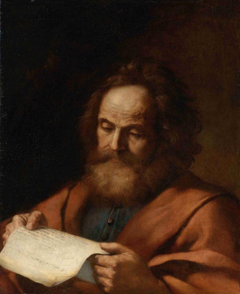 Saint Luke,Guercino,Oil Painting,Oil Painting, solo, 1boy, male focus, facial hair, beard, brown hair