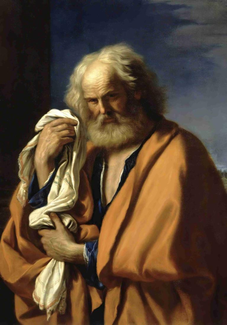 Saint Peter Penitent,Guercino,Oil Painting,Oil Painting, 1boy, male focus, solo, beard, facial hair, old