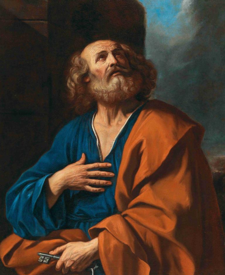 Saint Peter,Guercino,Oil Painting,Oil Painting, 1boy, solo, male focus, facial hair, fine art parody, beard