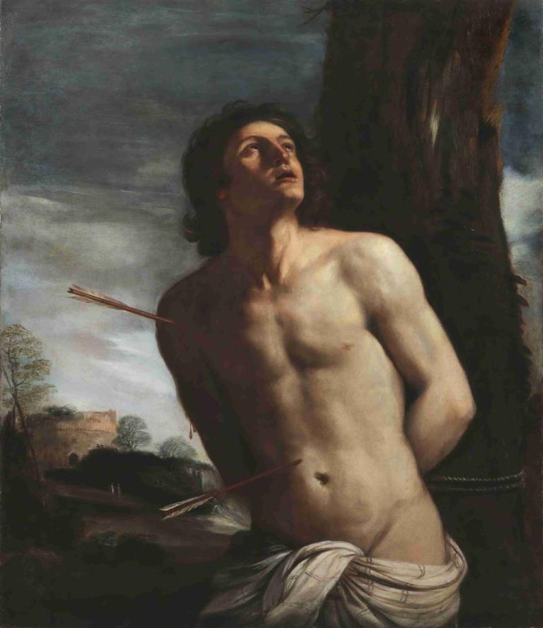 Saint Sebastian,Guercino,Oil Painting,Oil Painting, fine art parody, solo, male focus, 1boy, realistic