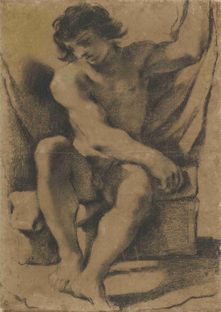 Seated Nude Young Man in Nearly Frontal View,Zittende naakte jonge man in bijna frontaal zicht,Guercino