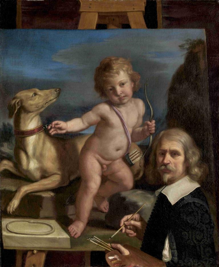 Self-Portrait before a Painting of Amor Fedele,아모르 페델레의 그림 앞 자화상,Guercino,오일 페인팅,오일 페인팅, 미술 패러디, 늙은 여자, 오래된