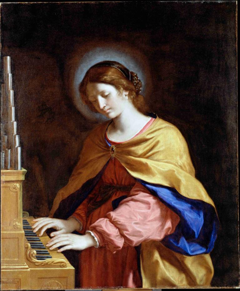 St. Cecilia,Guercino,Oil Painting,Oil Painting, 1girl, fine art parody, solo, instrument, dress, closed eyes