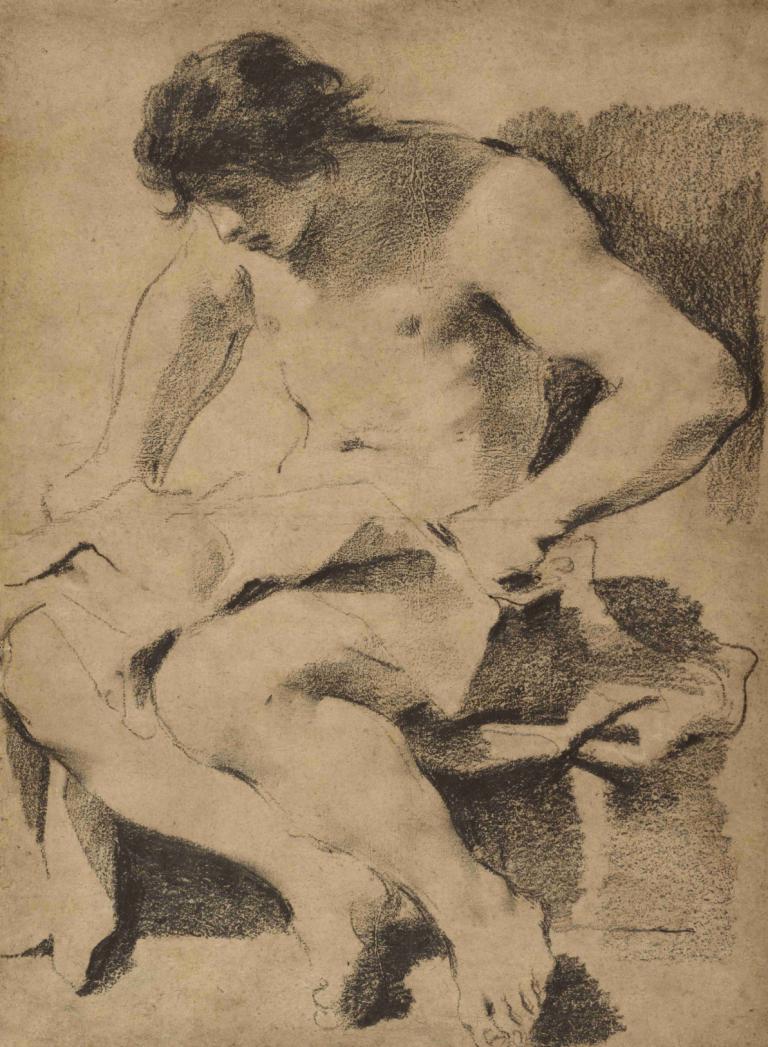 Study of a Seated Young Man,앉은 청년의 연구,Guercino,스케치,스케치, 독주, 남성 집중, 단색화, 1남, 전통 미디어, 맨발, 좌석, 나체상, 흑연 (중)