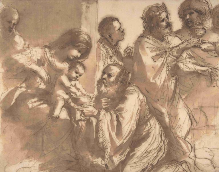 The Adoration of the Magi,동방박사의 숭배,Guercino,스케치,스케치, 여러 소년, 미술 패러디, 아기, 수염, 얼굴 털, 단색화, 스케치, 오래된, 수염, 어린이