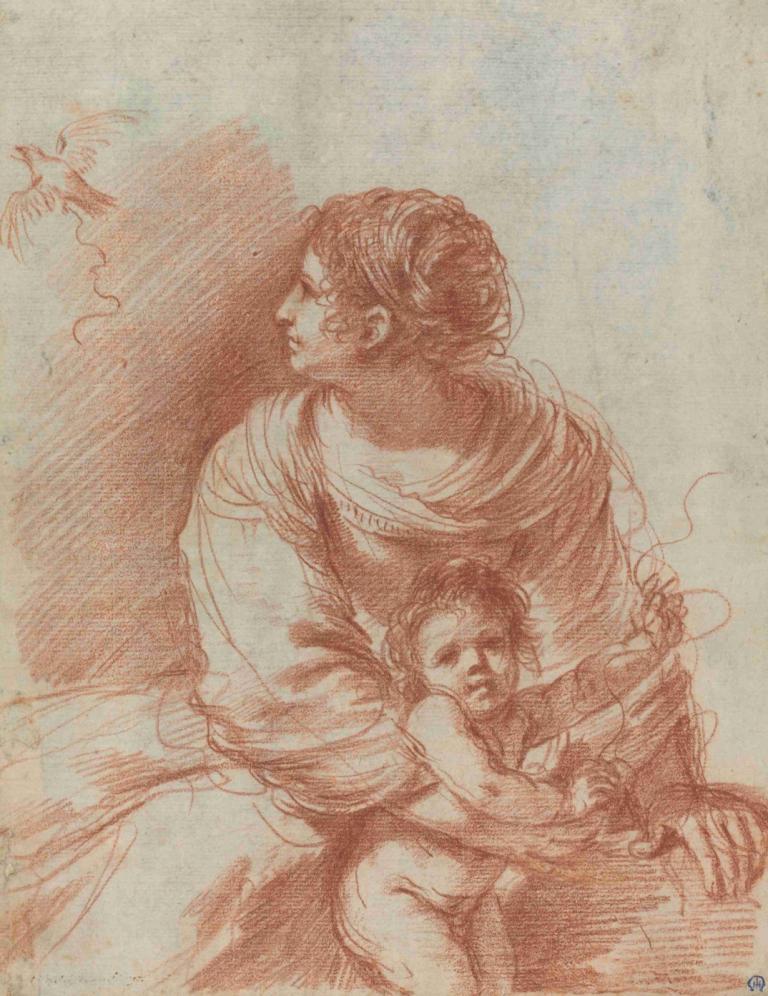 The Madonna and Child with an Escaped Goldfinch,Guercino,Sketch,Sketch, bird, hug, monochrome, 1girl, sketch