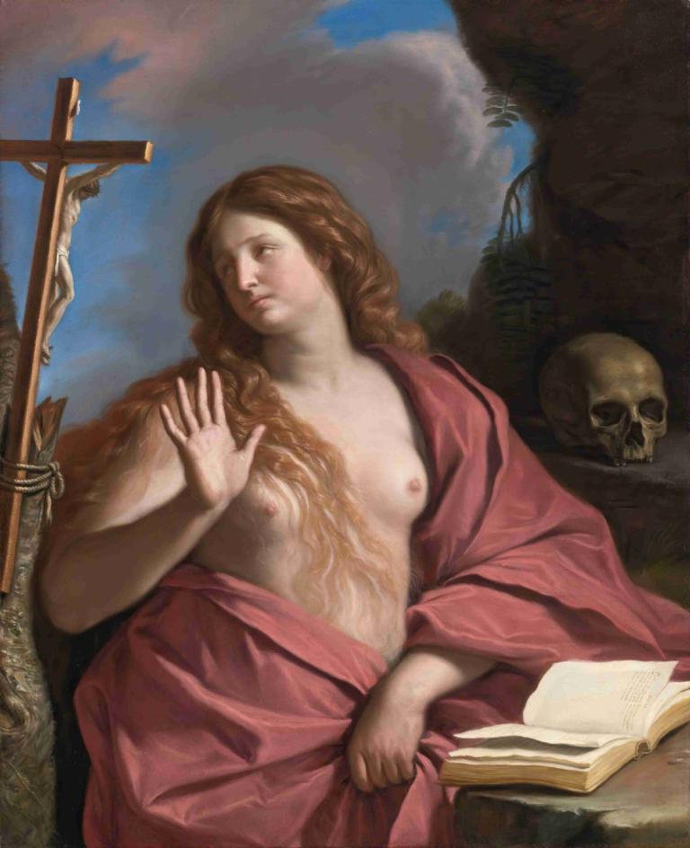 The Penitent Magdalene,참회하는 막달라 마리아,Guercino,오일 페인팅,오일 페인팅, 미술 패러디, 여자 1명, 젖꼭지, 책, 독주, 긴 머리, 풍자적 개작 시문, 현실적인