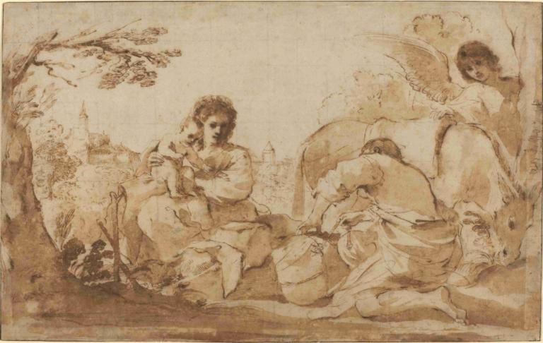 The Rest on the Flight into Egypt,이집트행 비행기의 휴식,Guercino,동판 에칭,동판 에칭, 세피아, 나무, 단색화, 갈색 테마, 여러 소년, 좌석, 여러 여자