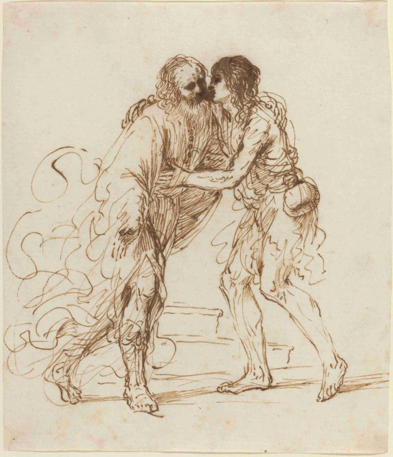 The Return of the Prodigal Son,탕자의 귀환,Guercino,스케치,스케치, 맨발, 단색화, 스케치, 얼굴 털, 수염, 여자 1명, 전통 미디어, 1남, 2boys