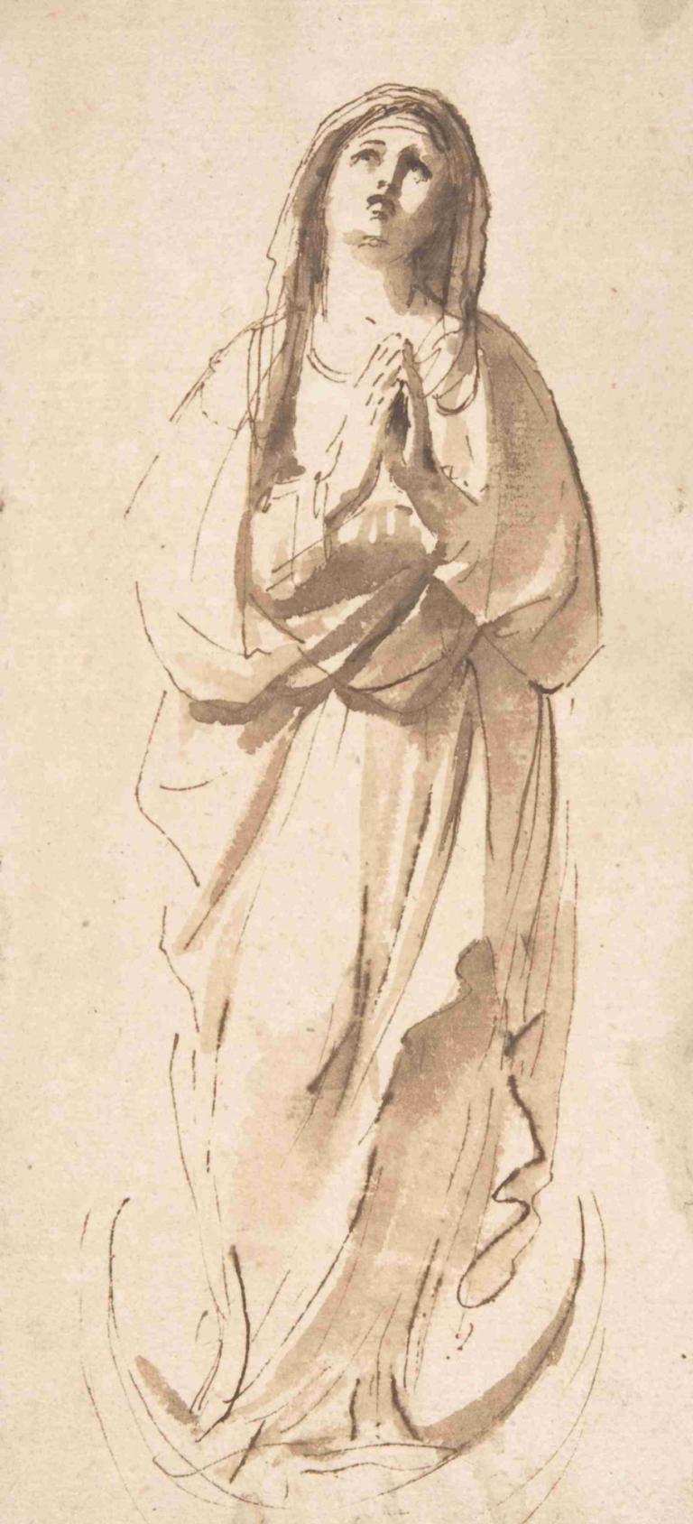 The Virgin Immaculate,De Onbevlekte Maagd,Guercino,Schetsen,Schetsen, solo, 1meisje, monochroom, lang haar