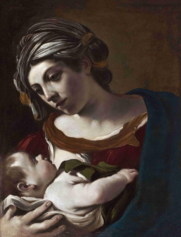 Virgin and Child,처녀와 아이,Guercino,오일 페인팅,오일 페인팅, 미술 패러디, 아기, 여자 1명, 1남, 현실적인, 흑발, 가짜 전통 미디어, 나이가 들다, 풍자적 개작 시문